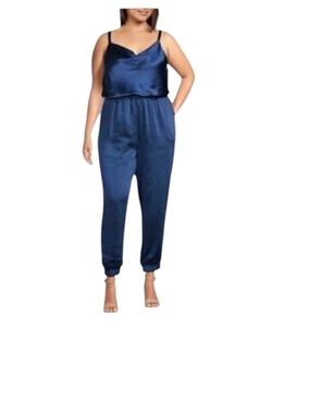 Skies Are Blue Satin Navy Spaghetti-Strap Jumpsuit